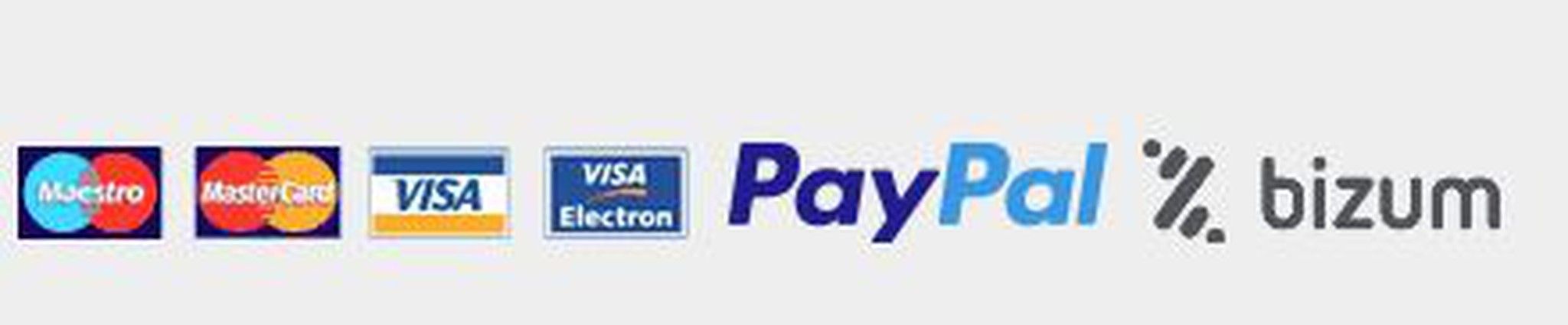 Formas de pago disponibles transferencia, tarjeta de credito, Bizum, Contrarembolso, Paypal
