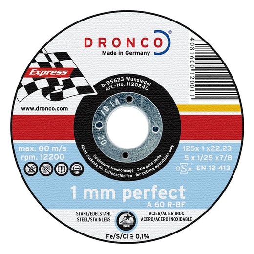 Disco de corte de aço inoxidável/metal DRONCO Perfect Express. Disco de corte fino perfeito 125X1.0Mm.Dronc
