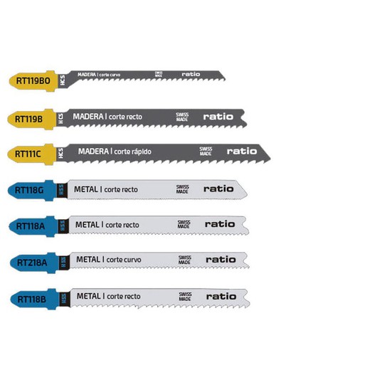 Conjunto de 10 lâminas de serra tico-tico madeira/metal RATIO Proseries. Âncora Bosch Sierra Calar Ratio P/Bosch Jgo.10