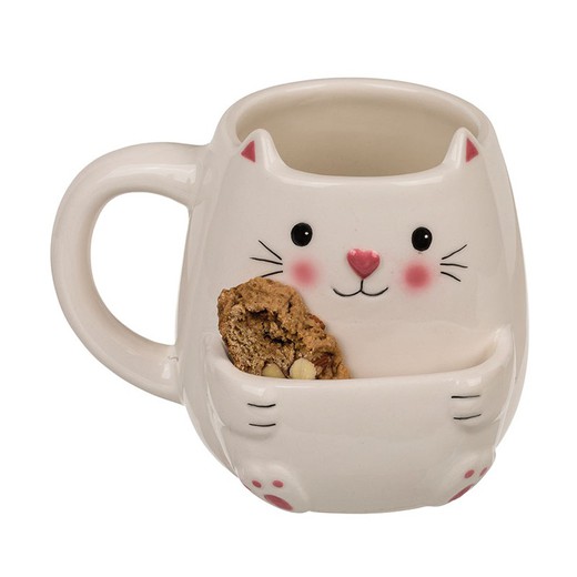 Taza de cerámica con compartimento para galletas. 450 ml. Diseño Gato