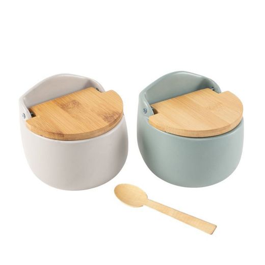 Açucareiro com tampa de bambu e colher. Modelos variados.