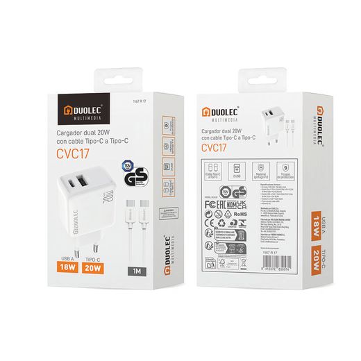 Carg. dual usb-c.cable. duolec 20w blanco