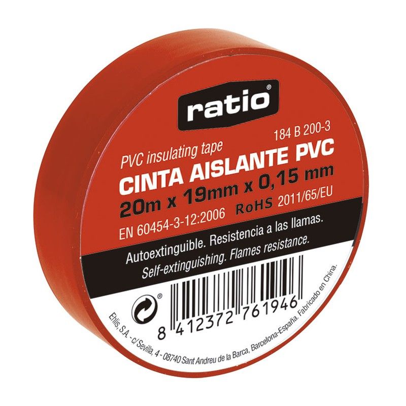 Cinta aislante RATIO. Cinta Aislante 19X20M Roja  0,15Mm