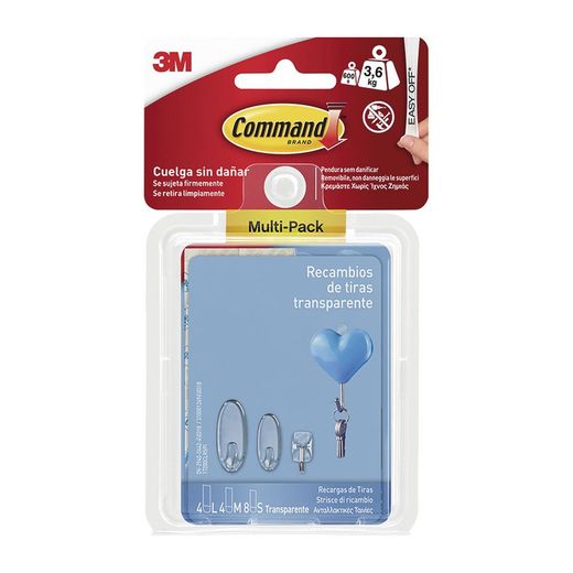 Colgador adhesivo transparente 3M serie Command. Tiras Surtidas Transparentes. Command