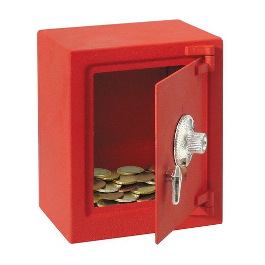 Hucha infantil con combinacion y manivela de apertura. Color rojo.