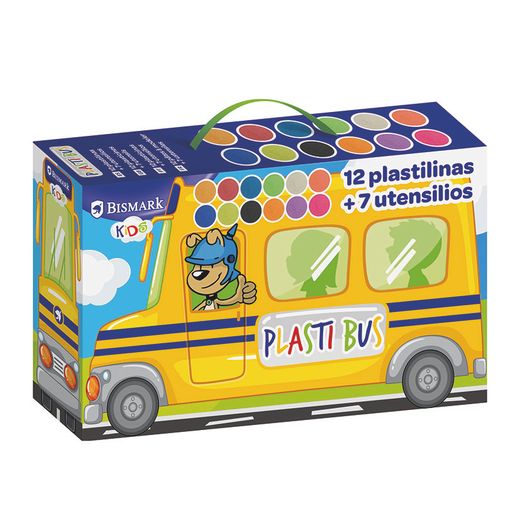 Conjunto de ônibus de plasticina com 12 cores e utensílios.